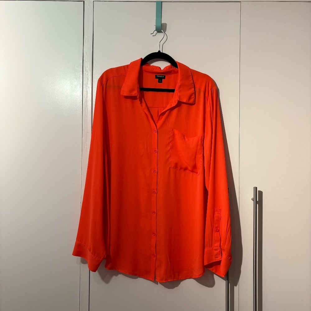 Torrid "Lizzie" Button Up Shirt, Plus Size 3, Solid Orange, Long Sleeve